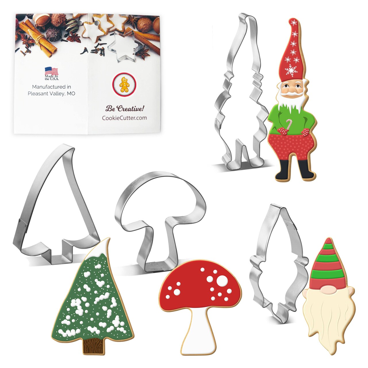 CookieCutter.com Enchanted Woodland Gnome Elf 4 Piece Cookie Cutters Set, Gnome, Dwarf, Mushroom, Tree, Tin Plate Steel, USA